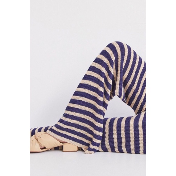 NWT ANTHROPOLOGIE FLAT WHITE STRIPED KNIT PANTS IN NAVY - Picture 3 of 10